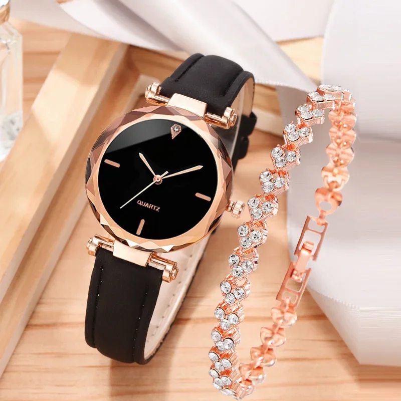 Luxury Watch Leather Strap - 2pcs Luxury Fashion Women Watch Set