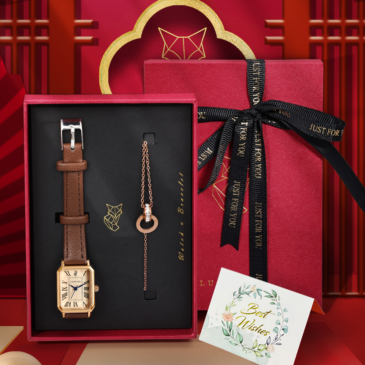 Luxury Watch Leather Strap - LUCKY FOX 2PCS Light Luxury Gift