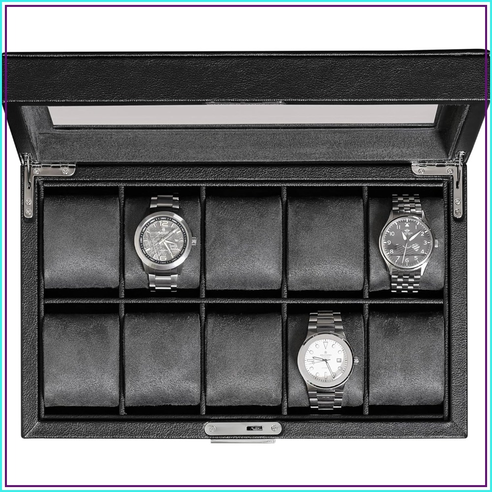 Luxury Watch Display Case - 10 Slot Locking Leather Watch Box