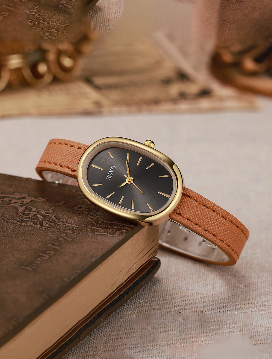 Luxury Watch Leather Strap - Elegant Oval Women's Watch, Gold Case