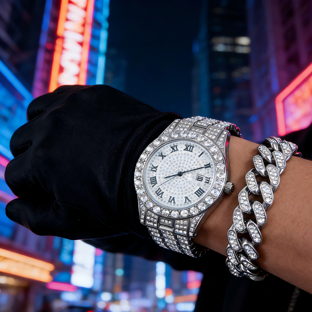 1 Hip-hop Full Diamond Silver  - Luxury Watch Price 리뷰 및 가격