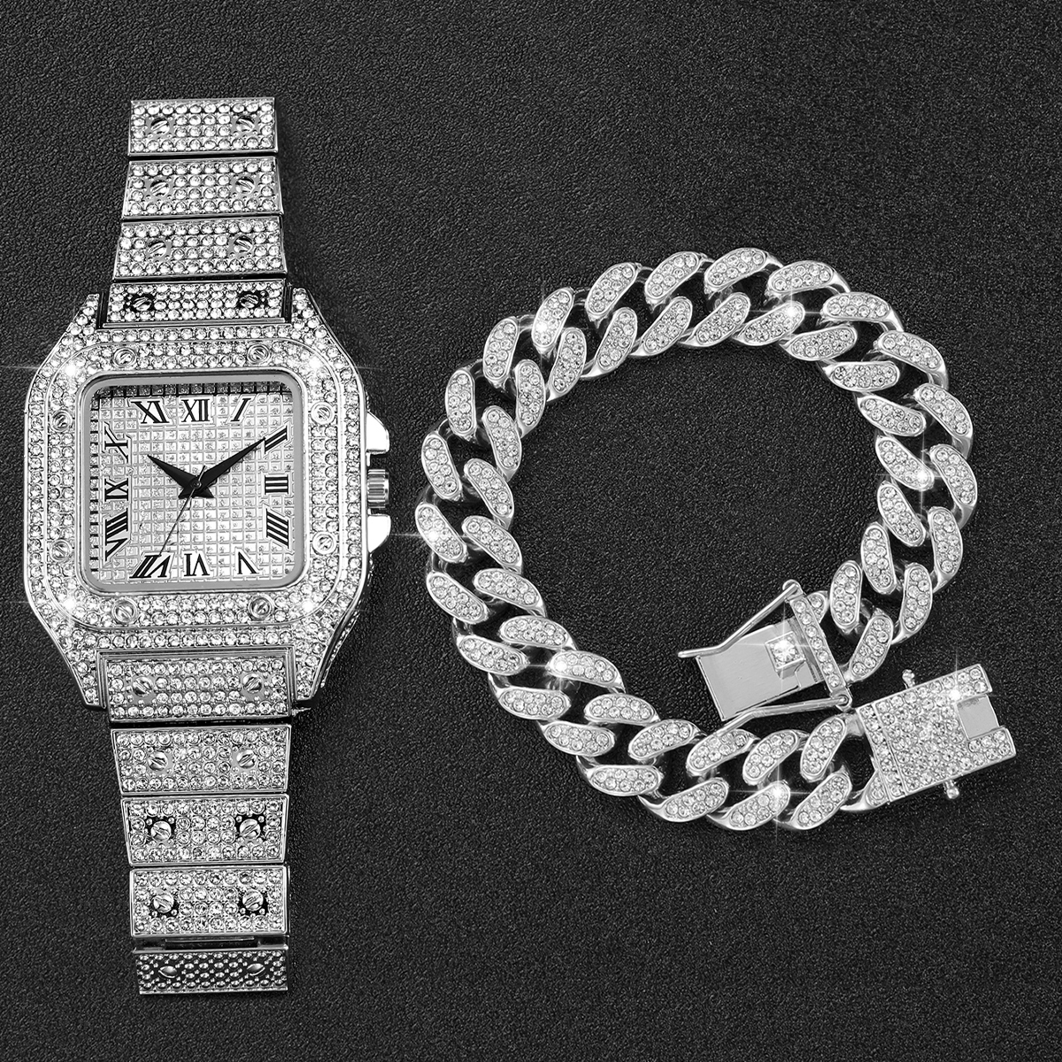 2PCS Iced Out Square Watch & C - Luxury Watch Price 리뷰 및 가격