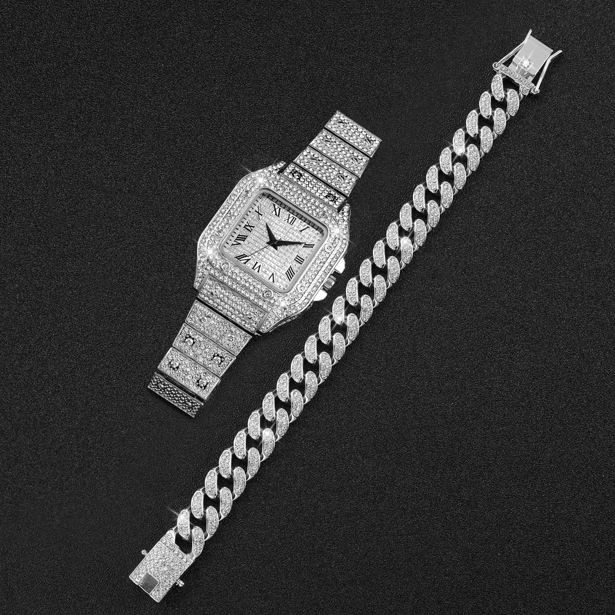 2PCS Iced Out Square Watch & C - Luxury Watch Price 리뷰 및 가격